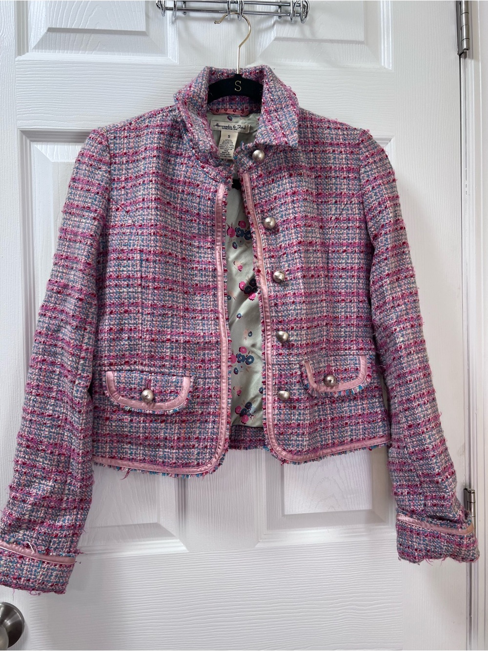 Vintage Abercrombie & Fitch Women's Pink Y2K Tweed Crop Blazer Elle Woods Small
